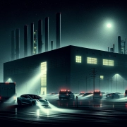An illustration depicting a nighttime scene at the Tesla Gigafactory in Berlin, shrouded in darkness due to a power outage